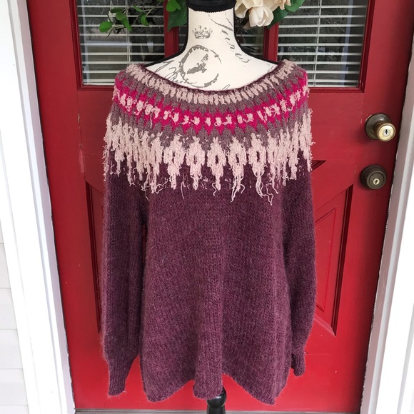 Free People Sweaters - Free People Scoop Neck Burgundy Multi Print Sweater Size Large